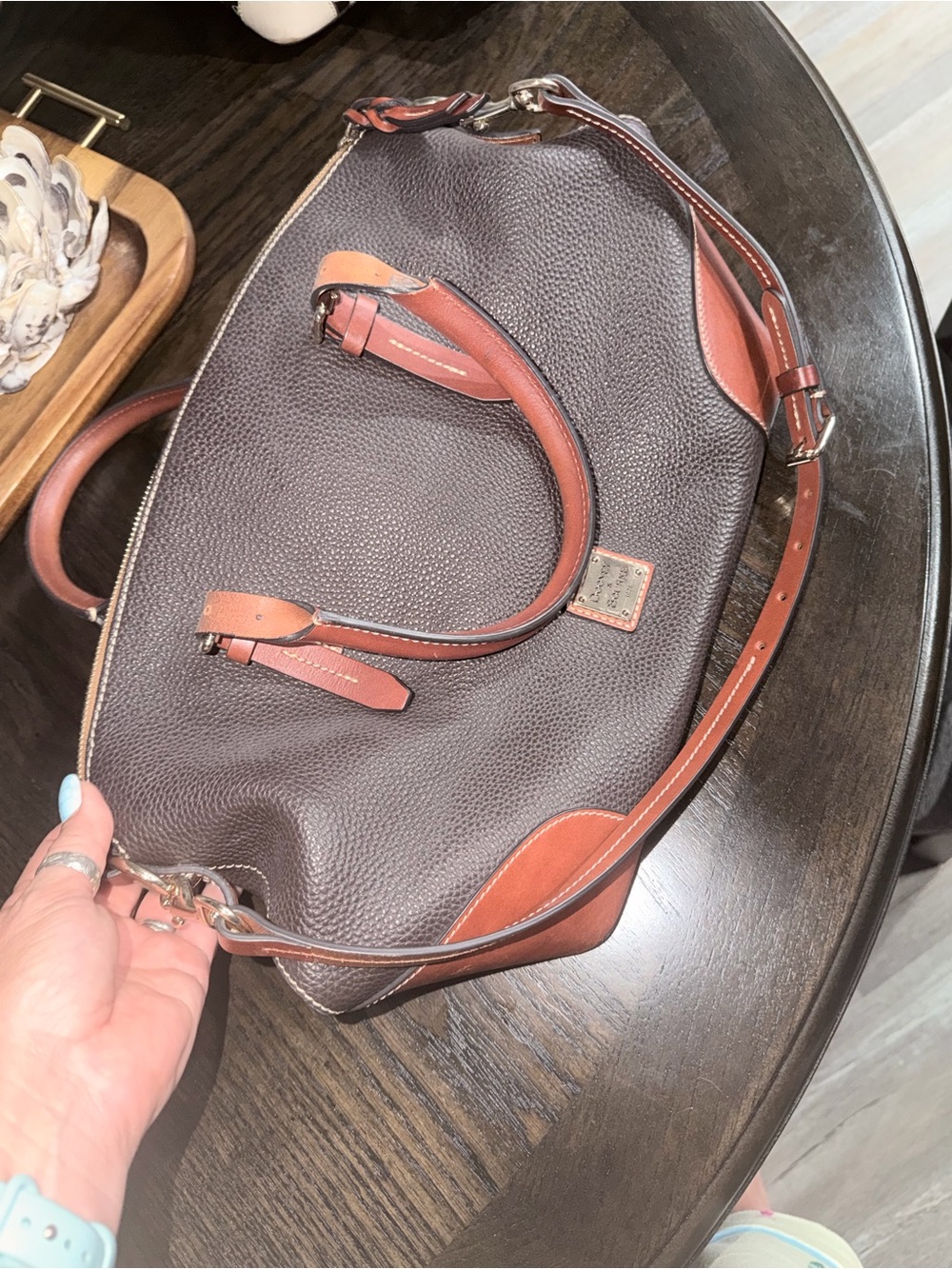 Dooney & Bourke Dark Brown Pebbled Leather Satchel with Tan Accents - Picture 4 of 6